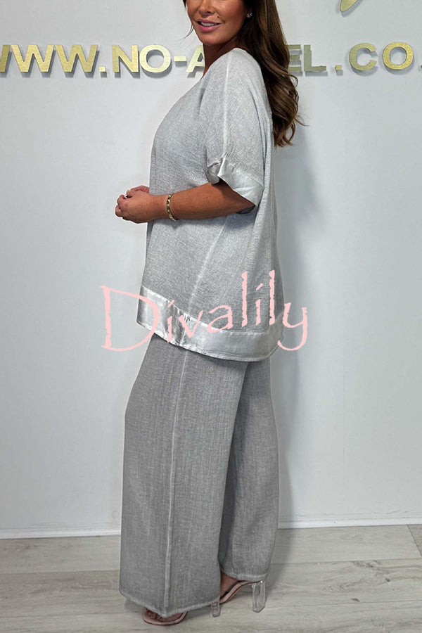 Fashionable V-neck Short-sleeved Loose Top and Elastic Waist Casual Wide-leg Pants Set