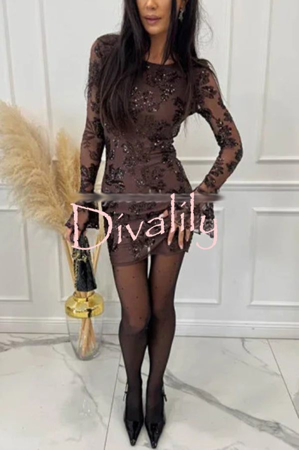 Deep and Dazzling Floral Texture Sequin Long Bell Sleeve Open Back Mini Dress