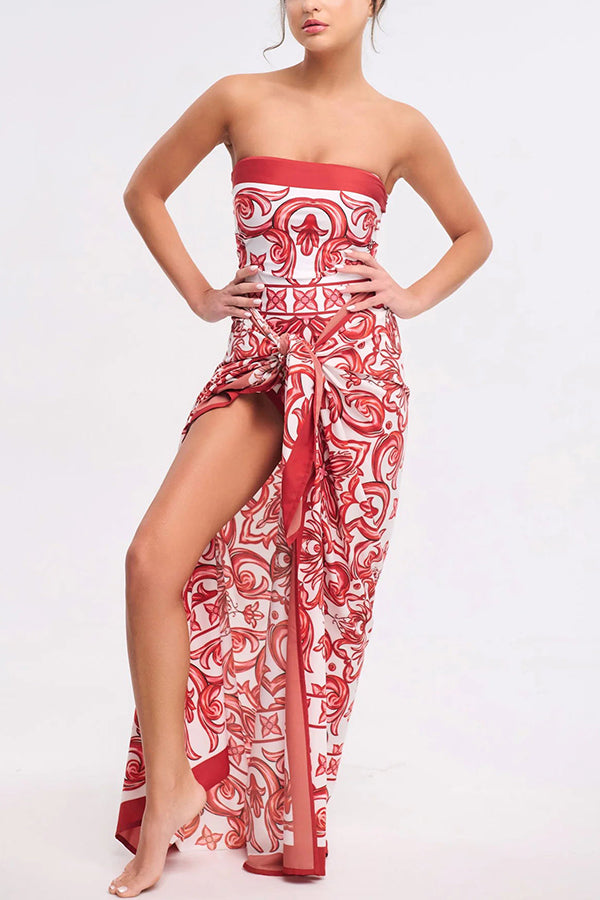 Summer Lovin Unique Royal Print Strapless One Piece Stretch Swimsuit and Pareo