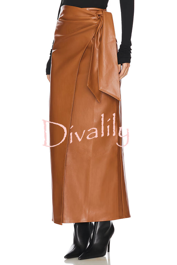 Snappy Casual Slay Faux Leather High Rise Wrap Tie-up Stretch Maxi Skirt