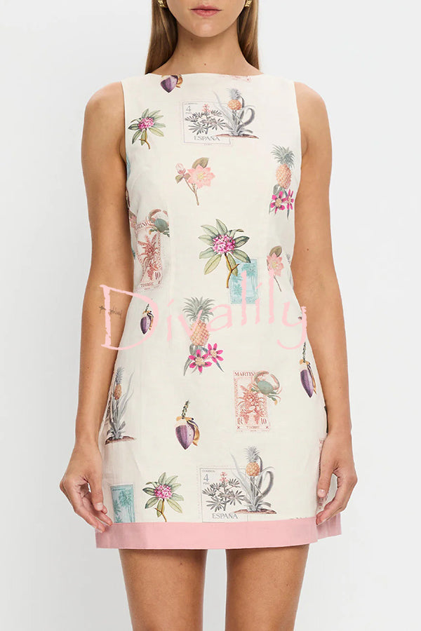 Botanical Print Sleeveless Open Back Casual Mini Dress