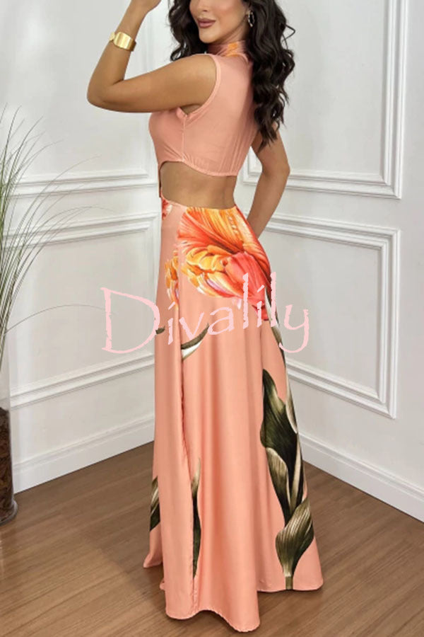 Bettie Printed High Neck Square Buckle Cutout Waist Maxi Dress