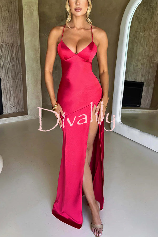 Satin Solid Color Sexy Backless Lace Up High Slit Maxi Dress