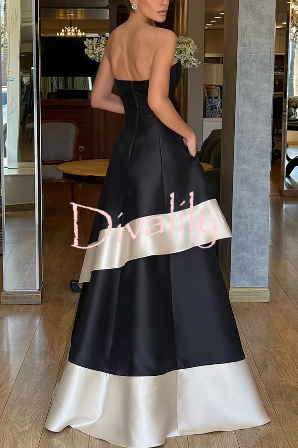 Vivian Satin Contrast Color Sweetheart Bandeau Neck Pocket Layered Maxi Dress