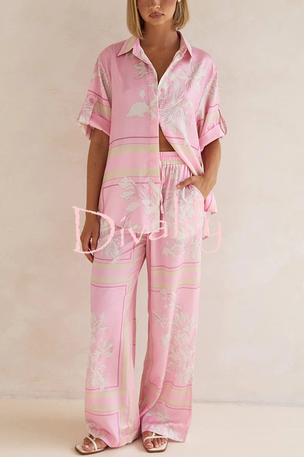 Fashionable Plant Print Loose Lapel Short Sleeve Shirt and Casual Elastic Waist Pocket Pants Set