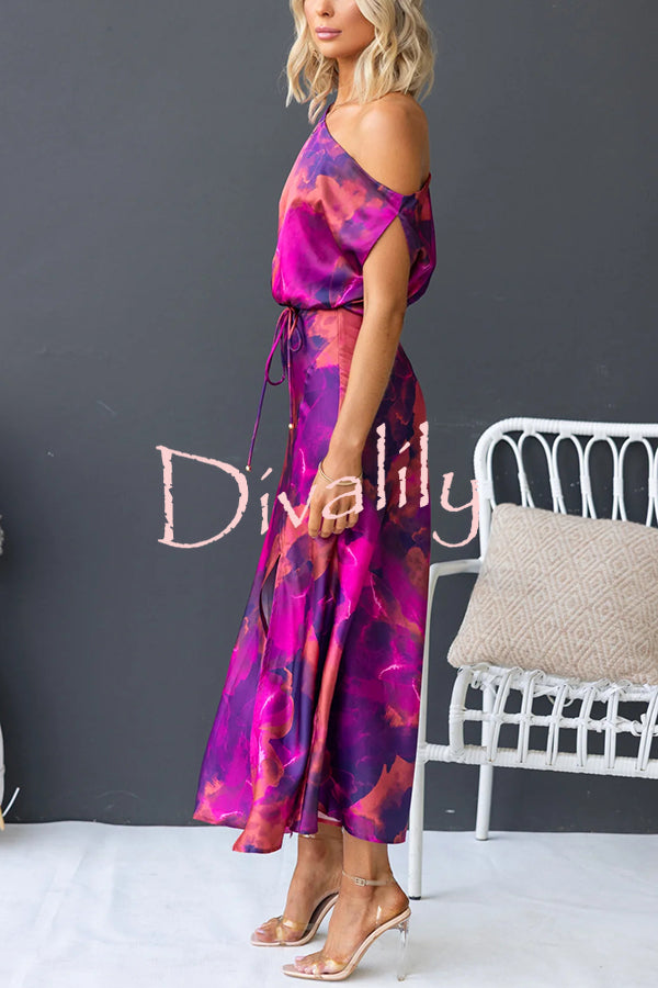 Winona Satin Floral Print One Shoulder Balloon Sleeve Tie-up Maxi Dress