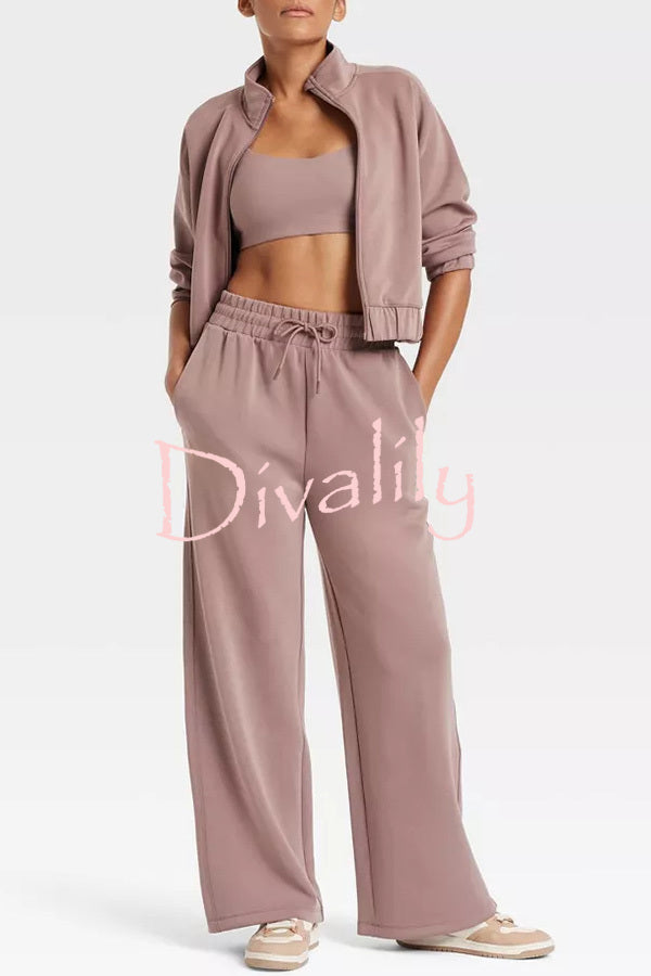 Airy Sleek Full Zip Jacket and High Rise Elastic Waist Pocket Wide Leg Sweatpants Set