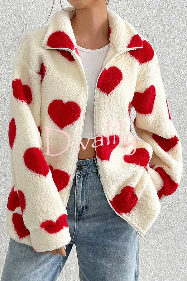 Fashion Plush Heart Print Loose Pocket Long Sleeve Zipper Jacket