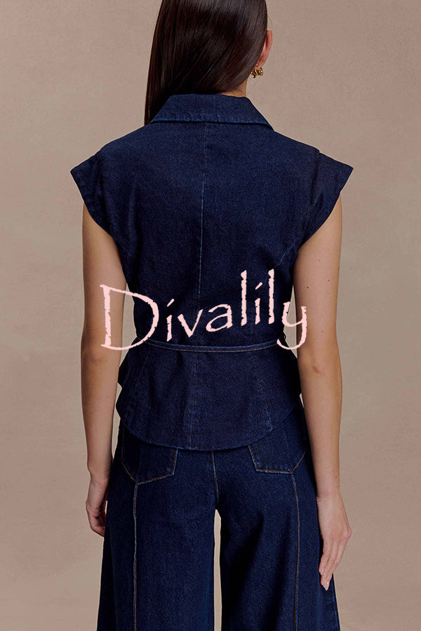 Charley Denim Button Up Cap Short Sleeve Structured Tie-up Lapel Top