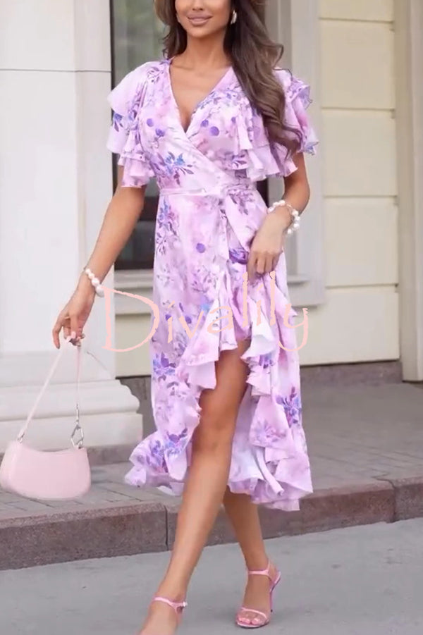Unique Printed V-neck Ruffled Loose Midi Dress