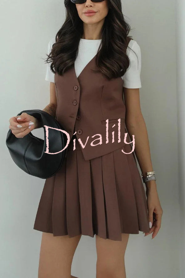 Solid Color Sleeveless Buttoned Vest and High-waisted Pleated Mini Skirt Set