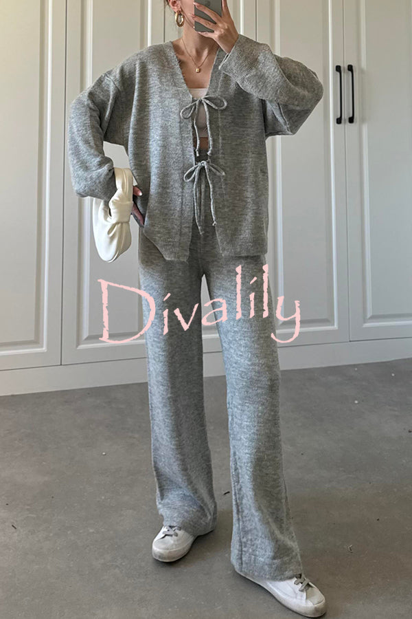 Solid Color V-neck Tie Long-sleeved Loose Knit Cardigan and Elastic Waist Casual Straight Leg Pants Set