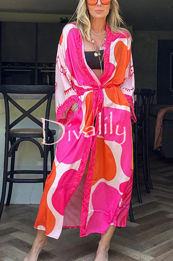 Elevate Beach Style Unique Print Long Sleeve Belted Pocket Cover-up Kimono