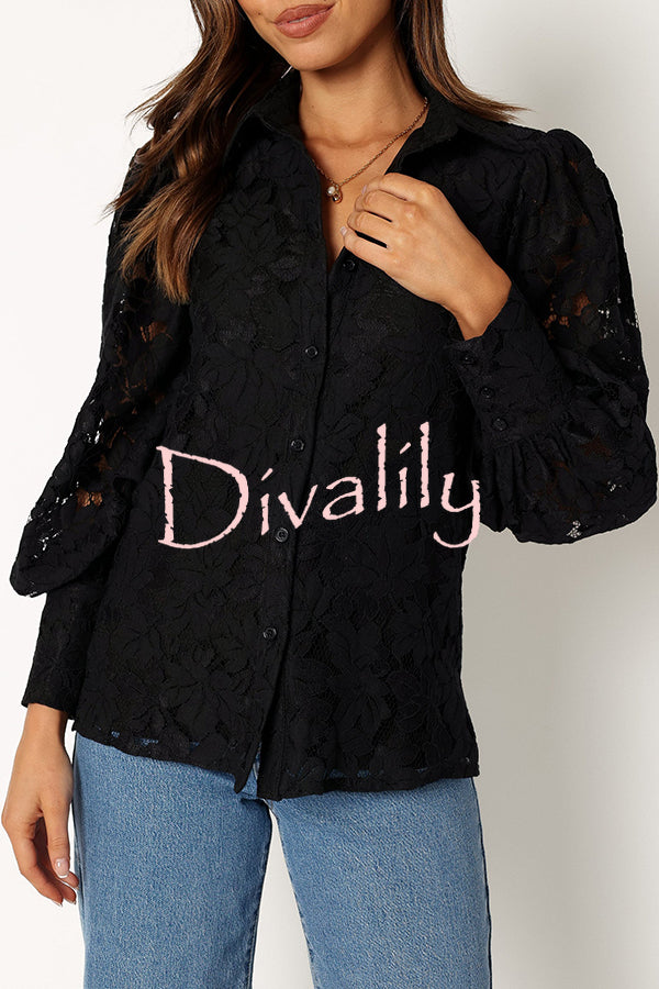 Sexy Hollow Lapel Casual Lace Shirt Top