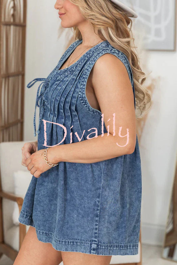 Downtown Daze Denim Pleated Tie-up Pocketed Loose Romper