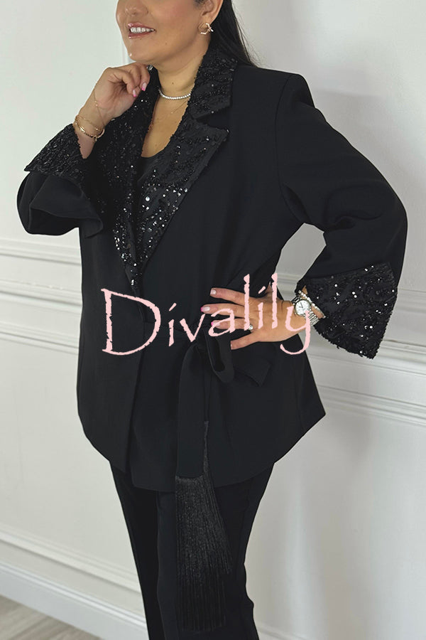 Social Time Embroidered Sequin Patchwork Tassel Belt Detail Lapel Party Blazer