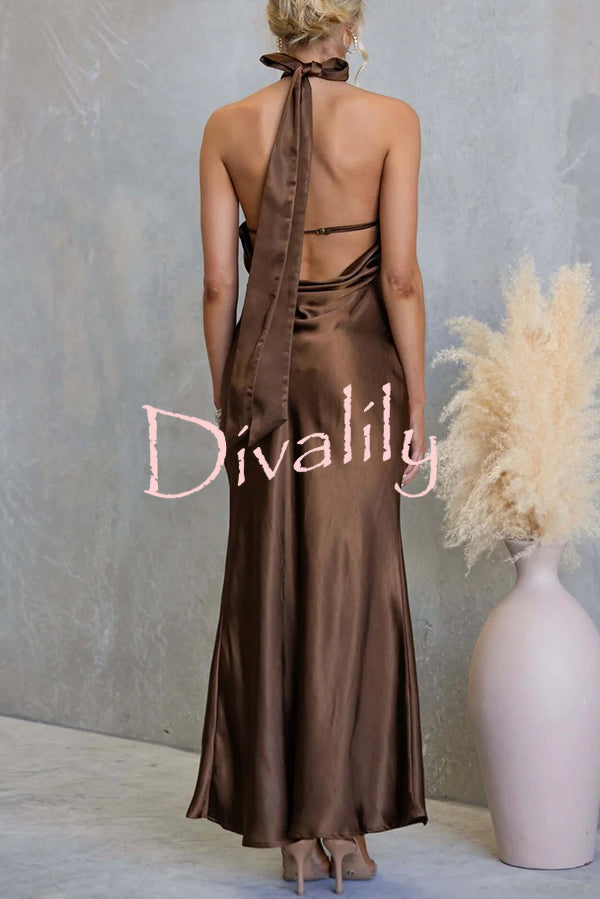 Satin Fashion Halter Backless Slim Elegant Maxi Dress