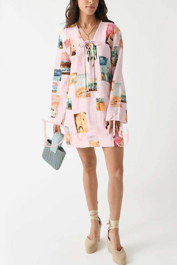 Coastal Cove Linen Blend Unique Print Tie-up Neck Long Sleeve Loose Mini Dress