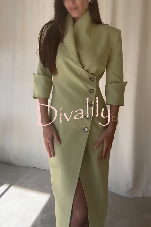 Elegant Look Linen Blend Stand Lapel Neck Half Sleeve Side Button Midi Dress