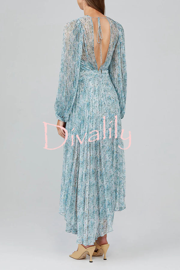 Dreamy Seaside Floral Balloon Sleeve Pleated Lightweight Maxi Dress