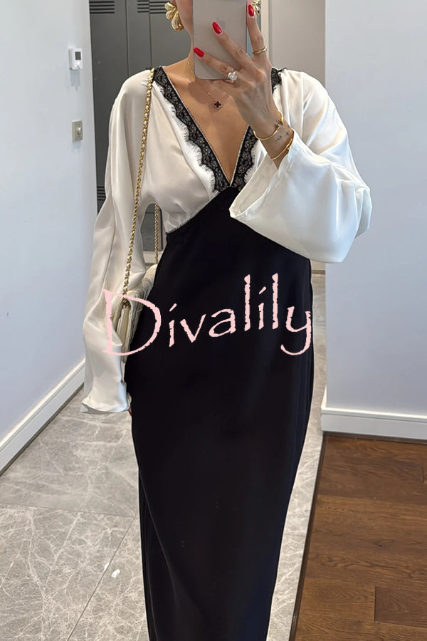 Lainei Contrast Color Satin Lace Trim V-neck Long Sleeve Maxi Dress