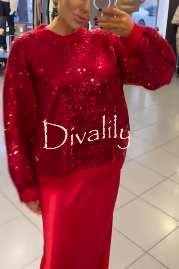 Celebration Day Sequin Patchwork Loose Sweatshirt and Satin Elastic Waist Maxi Skirt Set