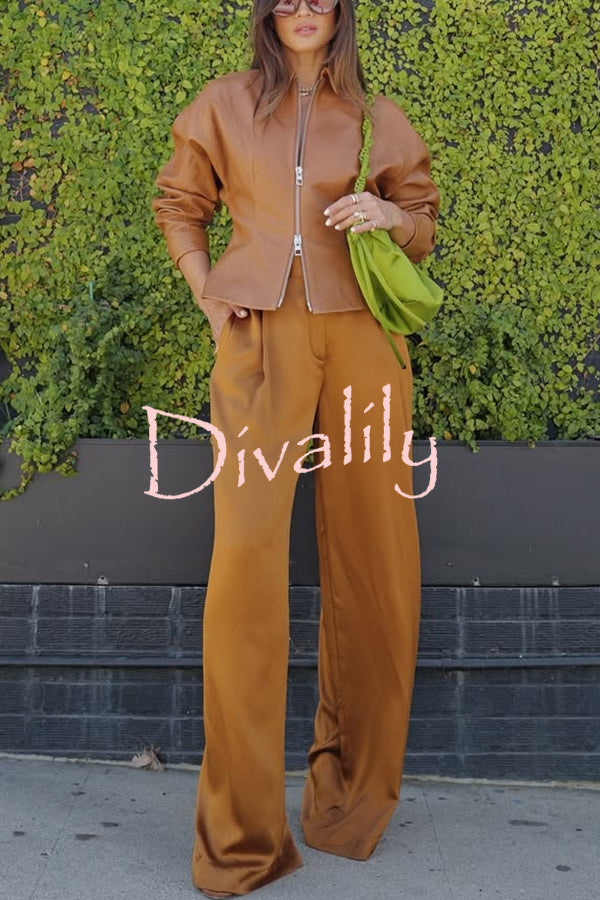 Pop of Brown Faux Leather Double Zipper Detail Balloon Sleeve Lapel Jacket