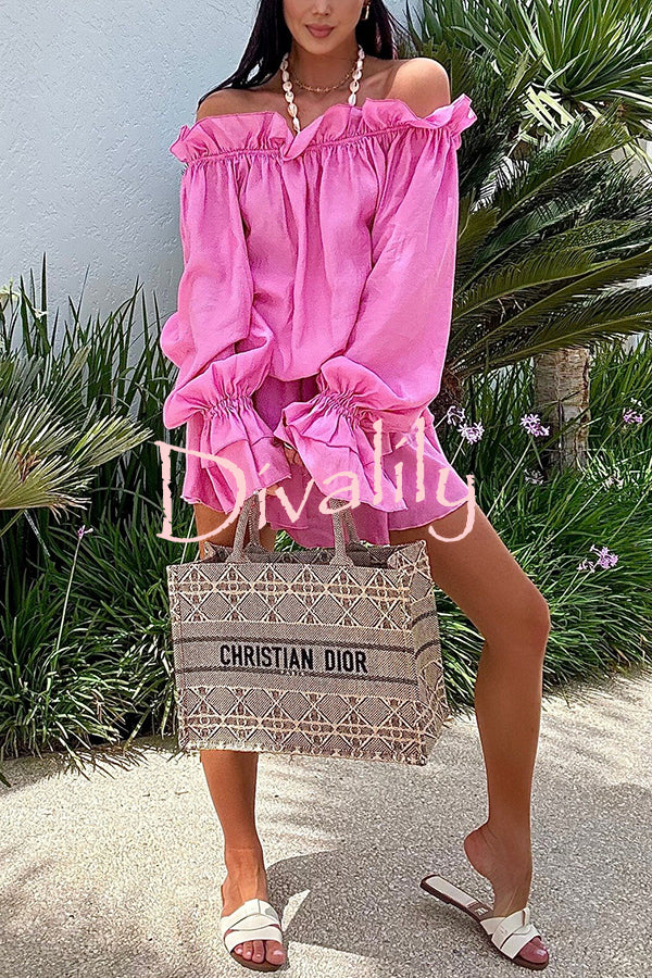 Arnell Linen Blend Off Shoulder Balloon Sleeve Shirt and Elastic Waist Layered Shorts Set