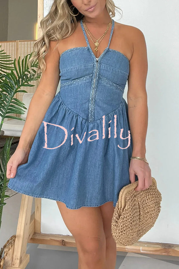 Sexy Halter Neck Backless Front Zip Denim Mini Dress