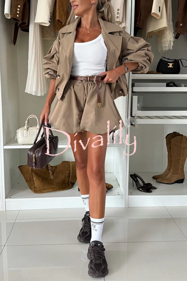 Fashion Style Button Long Balloon Sleeve Pocket Lapel Casual Bomber Jacket