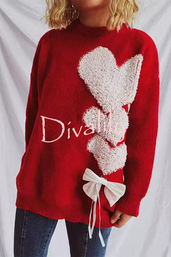 Love Jacquard Loose Cute Bowknitted Long Sleeve Sweater