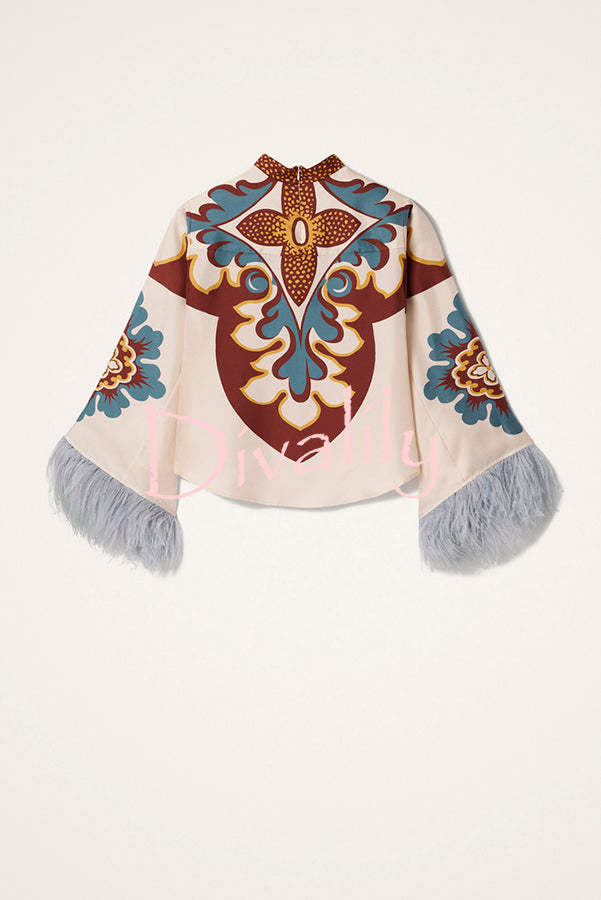 Bohemian Dreams Unique Print High Neck Feather Trim Bell Sleeve Top