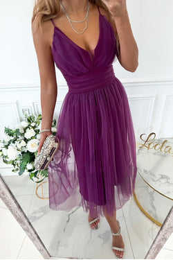 Stylish Luxury Tulle Ruched Waist Pleated Slip Formal Midi Dress