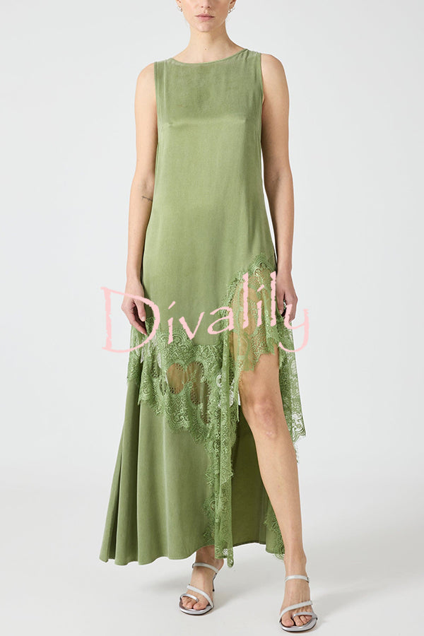 Pretty Soul Satin Lace Trim Wide Neck Irregular Hem Slit Maxi Dress