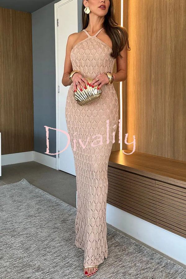 Solid Color Knitted Open Back Slim Slit Maxi Dress