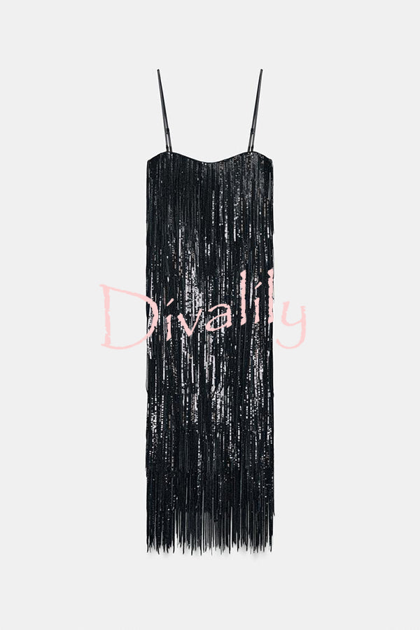 Chic Celebration Layered Sequined Tassels Slip Strapless H-line Midi Dress