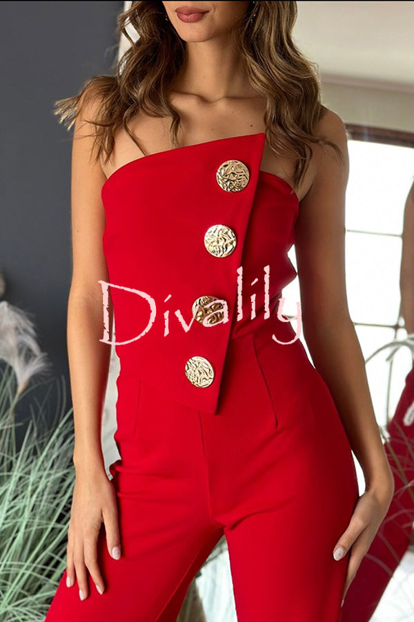 Solid Color Sexy Tube Top Gold Button Embellished Bootcut Jumpsuit