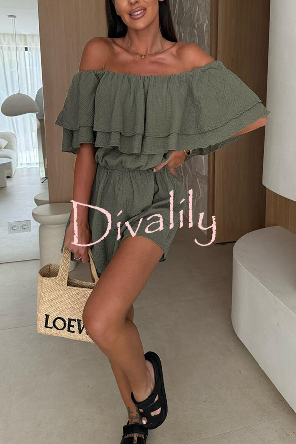 Solid Color Off-shoulder Ruffled Casual Waist Rompers