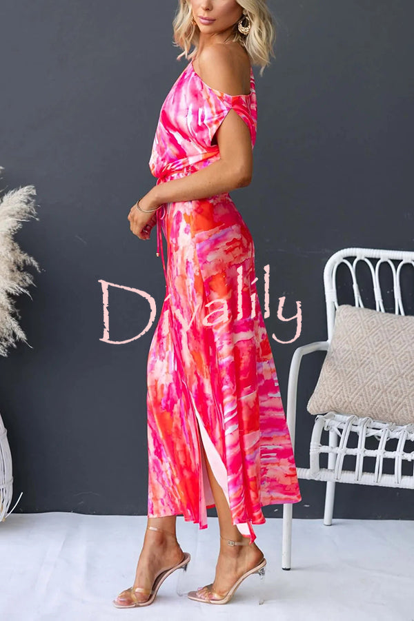 Satin Unique Print One Shoulder Tie Waist Slit Maxi Dress