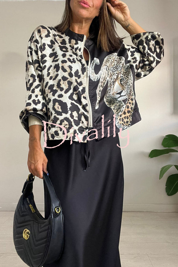 Shiloh Leopard Unique Print Zipper Drawstring Hem Bomber Jacket