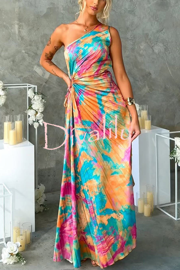 Tejano Satin One Shoulder Adjustable Tie Pleated Maxi Dress