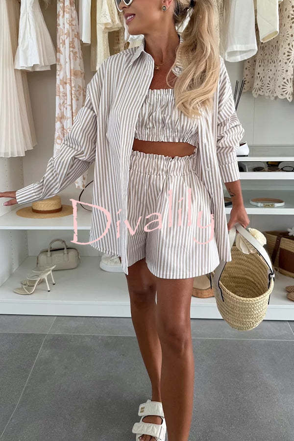 Zoie Striped Stretch Bandeau + Elastic Waist Pocket Shorts + Oversized Blouse 3 Pieces Set
