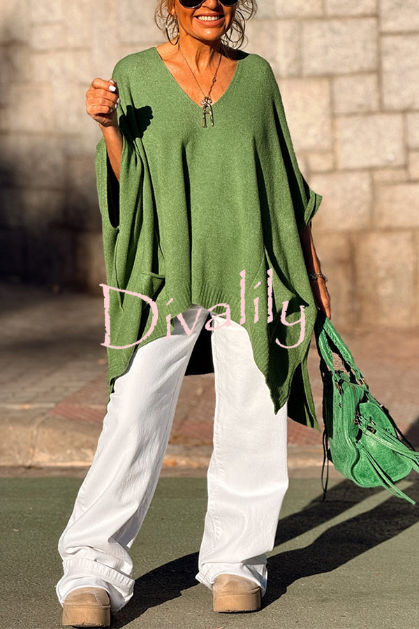Fashion V-neck Loose Pocket Mid-length Knitted Sweater