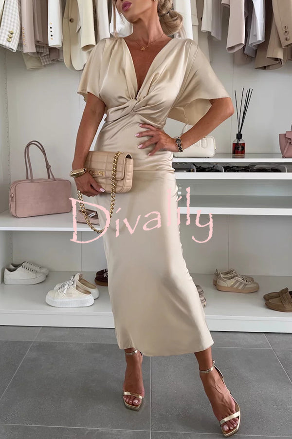 Satin Solid Color V-neck Cross Knot Slim Maxi Dress