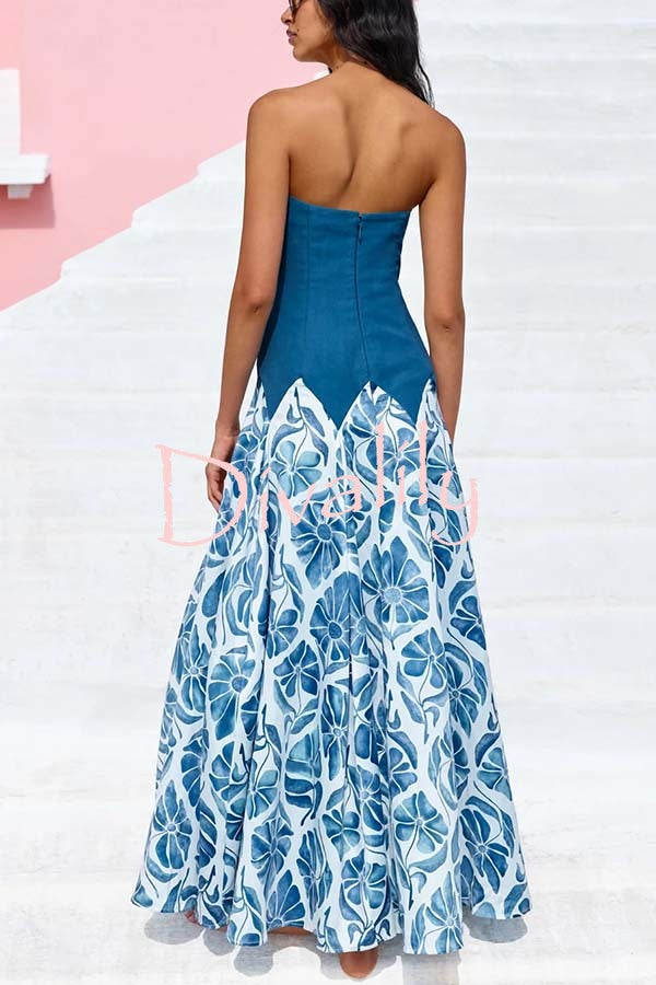 Dottie Colorblock Floral Print Drop Waist Gathered Strapless Maxi Dress