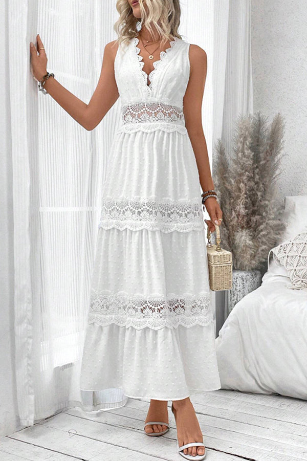 Solid Color Hollow Lace Splicing V-neck Sleeveless Maxi Dress