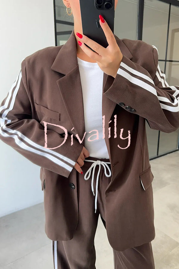 Levvie Striped Trim Long Sleeve Lapel Blazer and Rope Belt Pocketed Wide Leg Pants Set