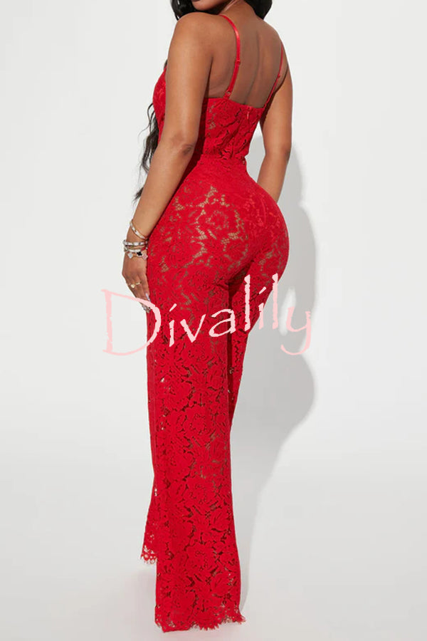 Sexy Moment Floral Lace Lined Suspender Wide Leg Stretch Jumpsuit