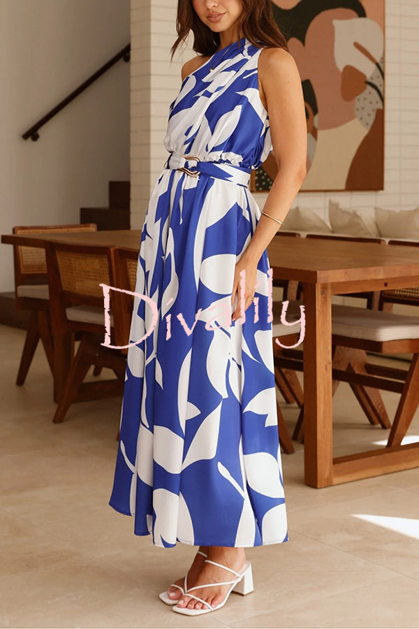 Unique Print Sleeveless One Shoulder Belted Maxi Dress