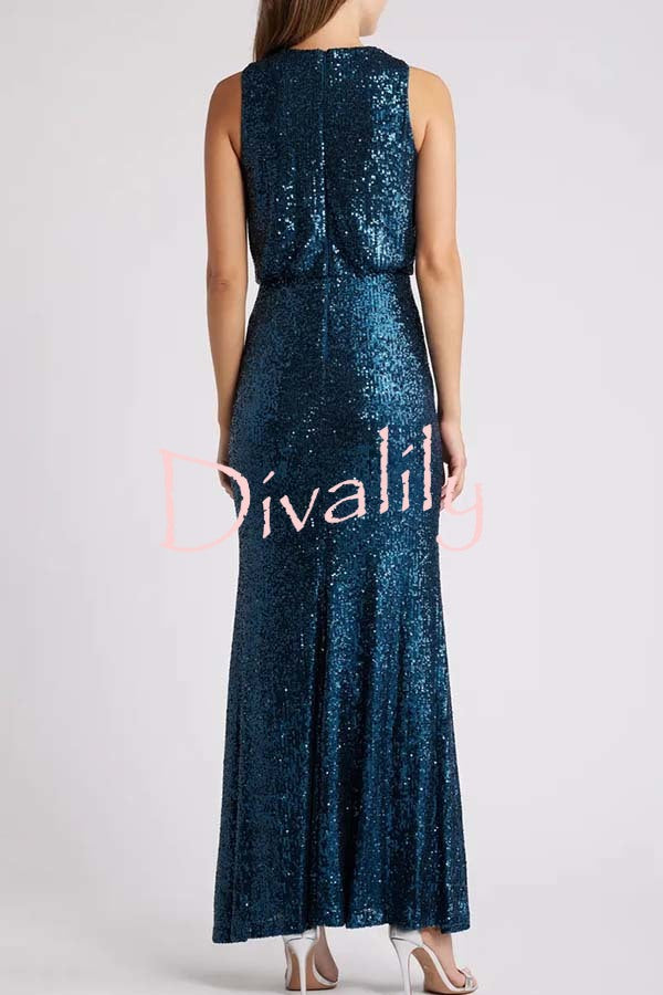 Born To Party Sequin Cowl Neck Drape Gown Stretch Maxi Dress